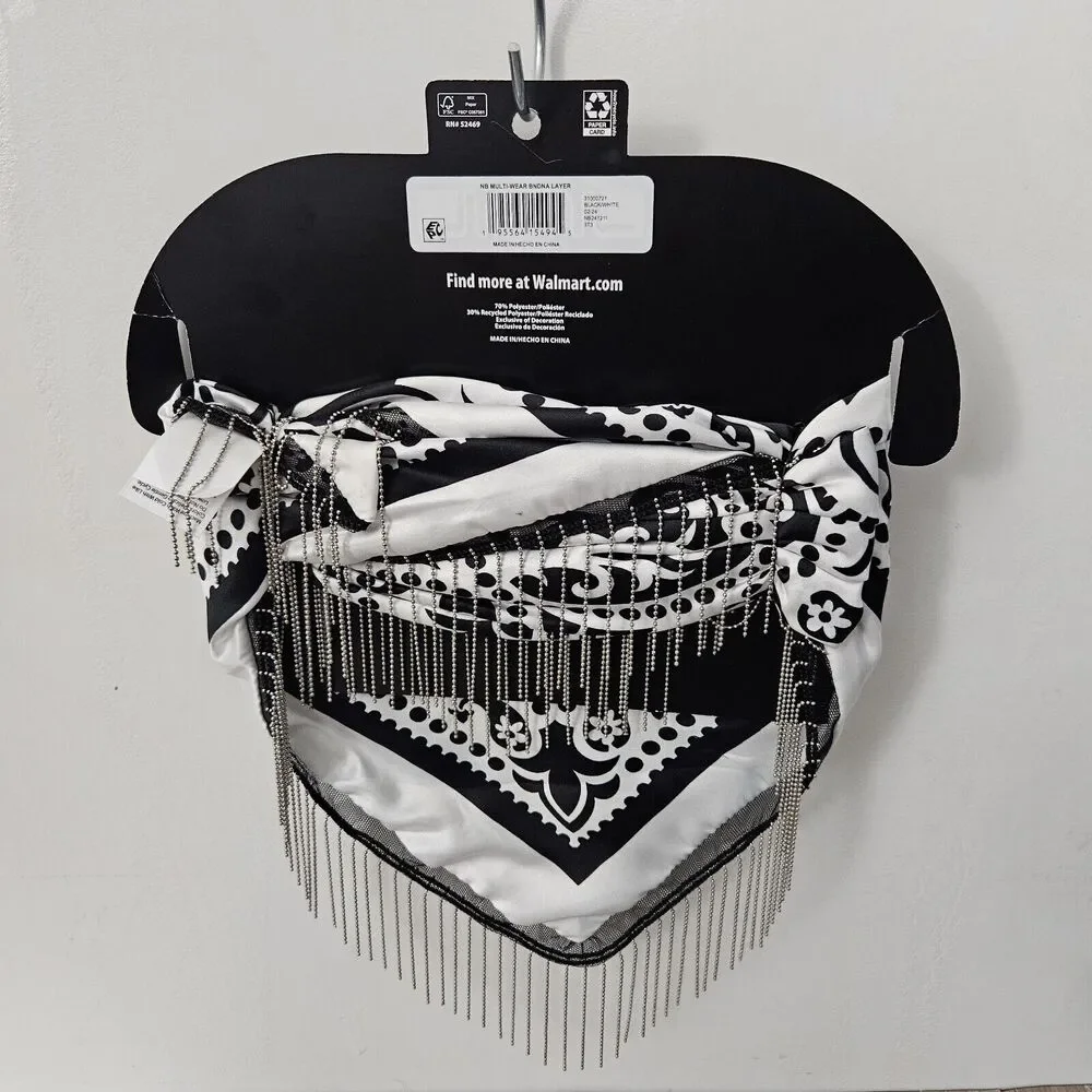 Black Paisley Bandana Rhinestones Fringe Tube Top Scarf Western Whimsigoth Sexy